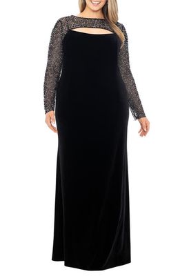 Betsy & Adam Faraj Embellished Cutout Long Sleeve Velvet Gown in Black/Silver