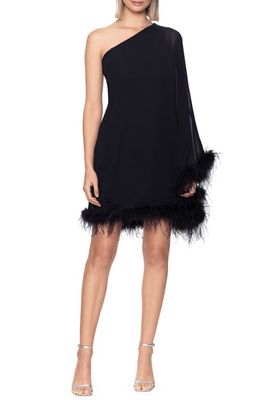 Betsy & Adam Feather Trim Single Long Sleeve Cocktail Dress in Black