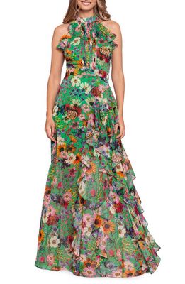 Betsy & Adam Floral Print Ruffle Chiffon Gown in Green