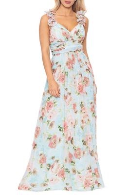 Betsy & Adam Floral Print Ruffle Lace Back Gown in Blue/Multi