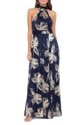 Betsy & Adam Foil Print Sleeveless Gown in Navy/Gold