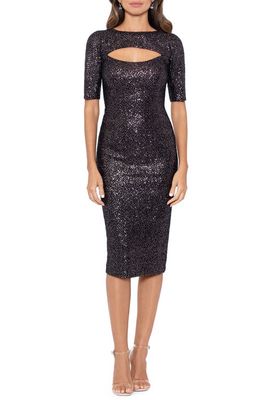 Betsy & Adam Front Cutout Sequin Sheath Dress in Champagne/Black