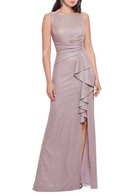 Betsy & Adam Glitter Cascading Ruffle Gown in Pink/Gold
