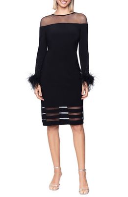 Betsy & Adam Illusion Neck Feather Cuff Long Sleeve Sheath Cocktail Dress in Black
