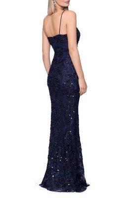 Betsy & Adam Illusion Sequin Coulmn Gown in Navy
