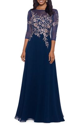 Betsy & Adam Metallic Embroidered Gown in Navy/Rose