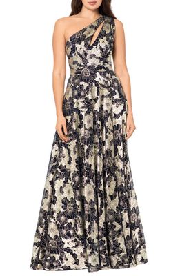 Betsy & Adam Metallic Floral One-Shoulder Sheath Gown in Navy/Gold