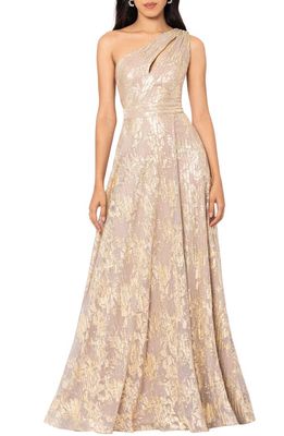 Betsy & Adam Metallic Floral One-Shoulder Sheath Gown in White/Pink/Gold