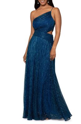 Betsy & Adam Metallic Foil Cutout One-Shoulder Gown in Royal/Turquoise