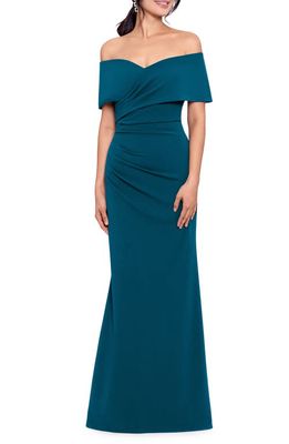 Betsy & Adam Off the Shoulder Crepe Gown in Azure