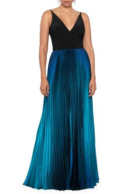 Betsy & Adam Ombré Pleated Gown in Black/Teal