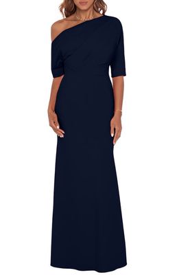 Betsy & Adam One-Shoulder Crepe Scuba Trumpet Gown in Navy
