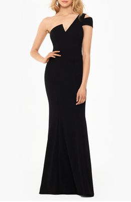 Betsy & Adam One-Shoulder Scuba Crepe Gown in Black