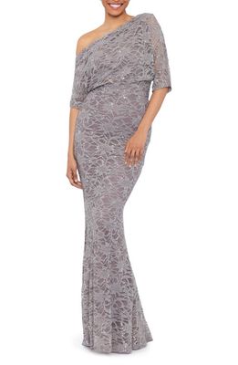 Betsy & Adam One-Shoulder Sequin Lace Gown in Taupe