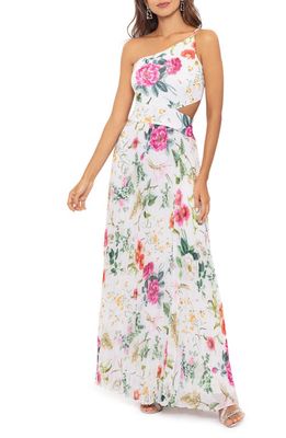 Betsy & Adam Pleated One-Shoulder Floral Print Cutout Maxi Dress in White/Multi