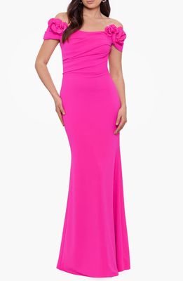 Betsy & Adam Rosette Off the Shoulder Scuba Gown in Pink