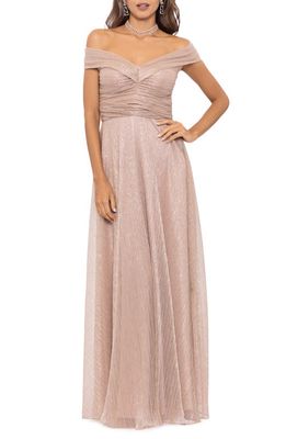 Betsy & Adam Ruched Crinkle Off the Shoulder Gown in Champagne
