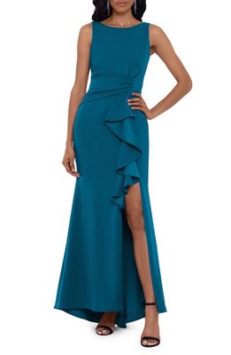 Betsy & Adam Ruffle Bow Trumpet Gown in Azure