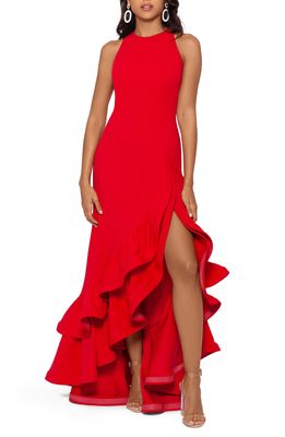 Betsy & Adam Ruffle Halter Crepe Gown in Red