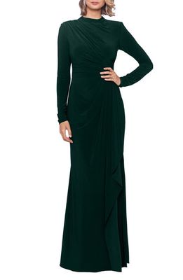 Betsy & Adam Ruffle Long Sleeve Sheath Gown in Forest
