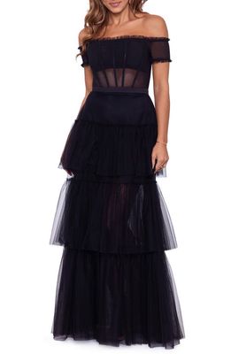 Betsy & Adam Ruffle Off the Shoulder Tiered Ballgown in Black