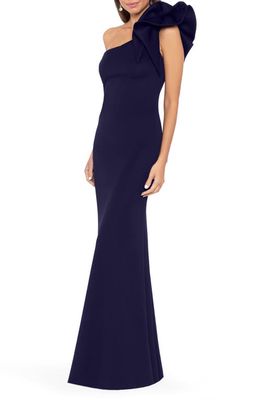Betsy & Adam Ruffle One-Shoulder Trumpet Gown in Navy