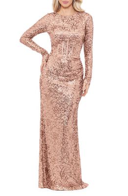 Betsy & Adam Sequin Corset Long Sleeve Gown in Rose/Gold