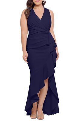 Betsy & Adam Sleeveless High-Low Ruffle Gown in Navy
