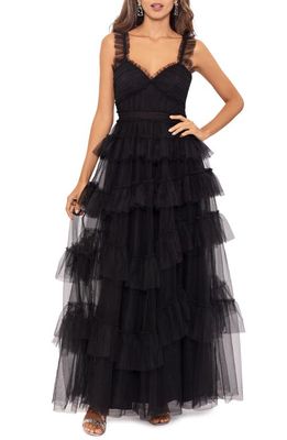 Betsy & Adam Tiered Ruffle Tulle Gown in Black