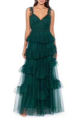 Betsy & Adam Tiered Ruffle Tulle Gown in Hunter