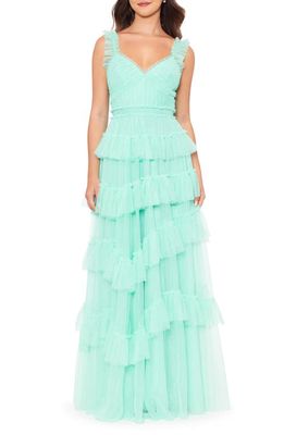 Betsy & Adam Tiered Ruffle Tulle Gown in Mint