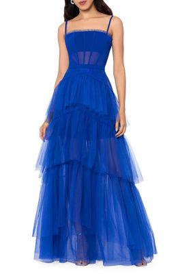 Betsy & Adam Tiered Tulle Ruffle Gown in Royal