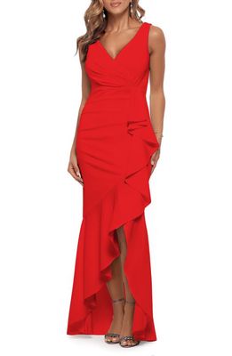 Betsy & Adam V-Neck Cascade Ruffle High-Low Gown in Red
