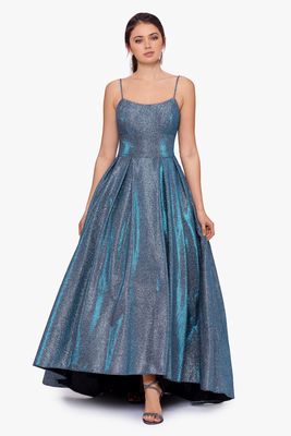 Betsy & Adam Women's Long High-Low Galaxy Ballgown in Blk/Silver/Teal