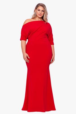Betsy & Adam Women's Long Scuba Crepe Off The One Shoulder Drape Dress in Red