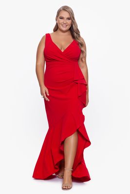 Betsy & Adam Women's Long V-Neck Spiral High Low Cascade Dress in Red