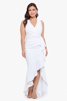 Betsy & Adam Women's Long V-Neck Spiral High Low Cascade Dress in White