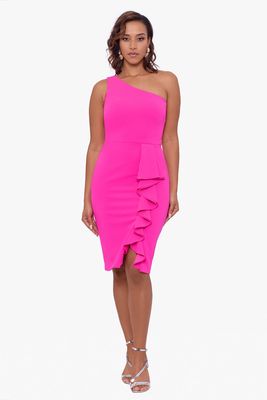 Betsy & Adam Women's Short 1 Shoulder Scuba Crepe Cascade Dress in Pink