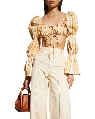 Betty Striped Long Cinched Sleeve Crop Top
