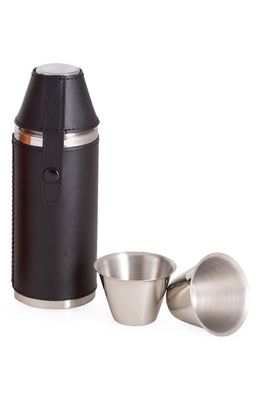 Bey-Berk Leather Wrapped Cylinder Flask with Cups in Stainless Steel