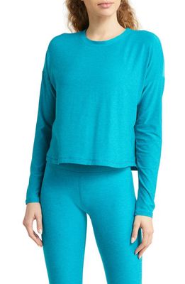 Beyond Yoga Featherweight Open Back Knit Top in Peacock Blue Heather