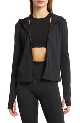 Beyond Yoga Heather Rib Zip-Up Hooded Jacket in Black Heather