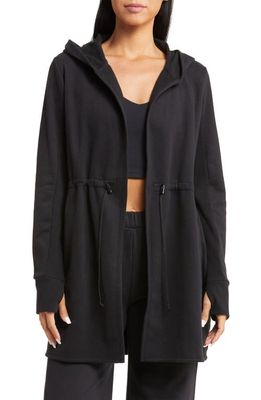 Beyond Yoga On the Go Open Front Hooded Jacket in Black