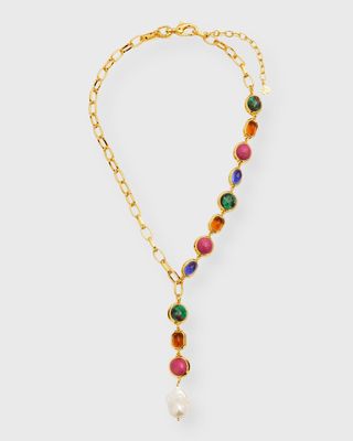 Bezel Jewel Pearl Lariat Necklace
