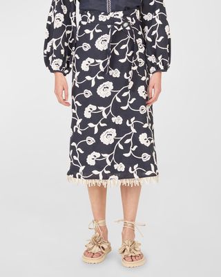 Bianca Floral Embroidered Fringe-Hem Midi Skirt