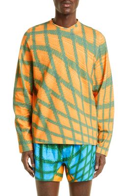 Bianca Saunders Tarone Warped Grid Long Sleeve T-Shirt in Orange/green/Grid Print