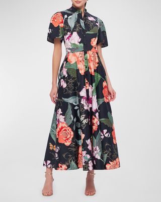 Bianca Short-Sleeve Belted Floral Cotton Midi Shirt Dress