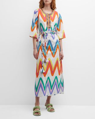 Bianca Zigzag-Print Belted Maxi Kaftan Dress