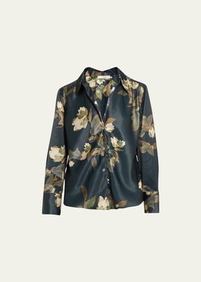 Bias-Cut Floral Silk Button-Front Blouse