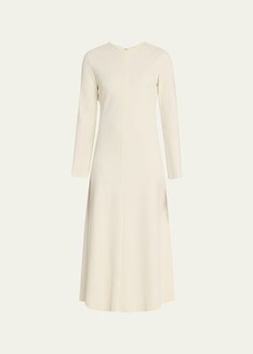 Bias-Cut High V-Neck Long-Sleeve Midi Dress